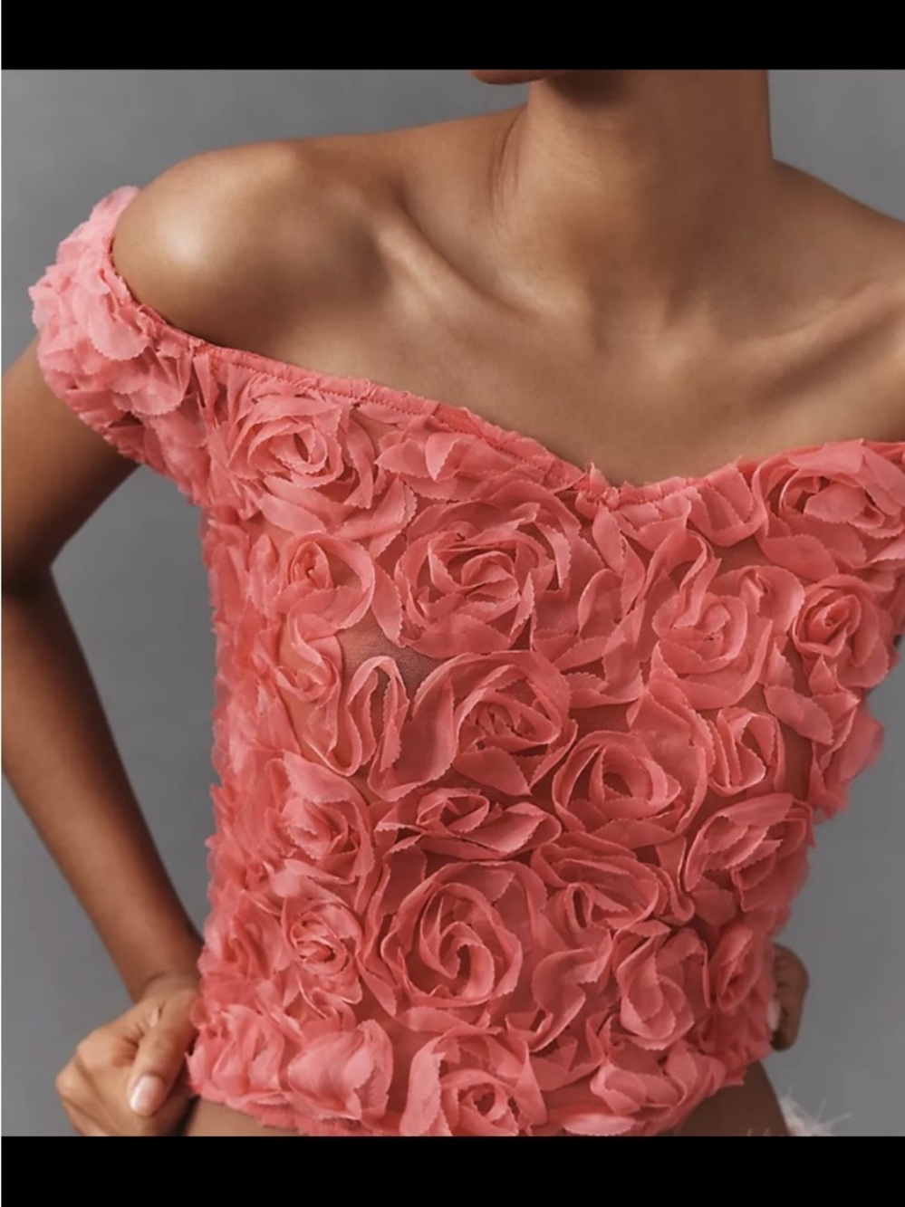 Anthropologie Coral Pink Off-Shoulder Rose Appliqué Crop Top